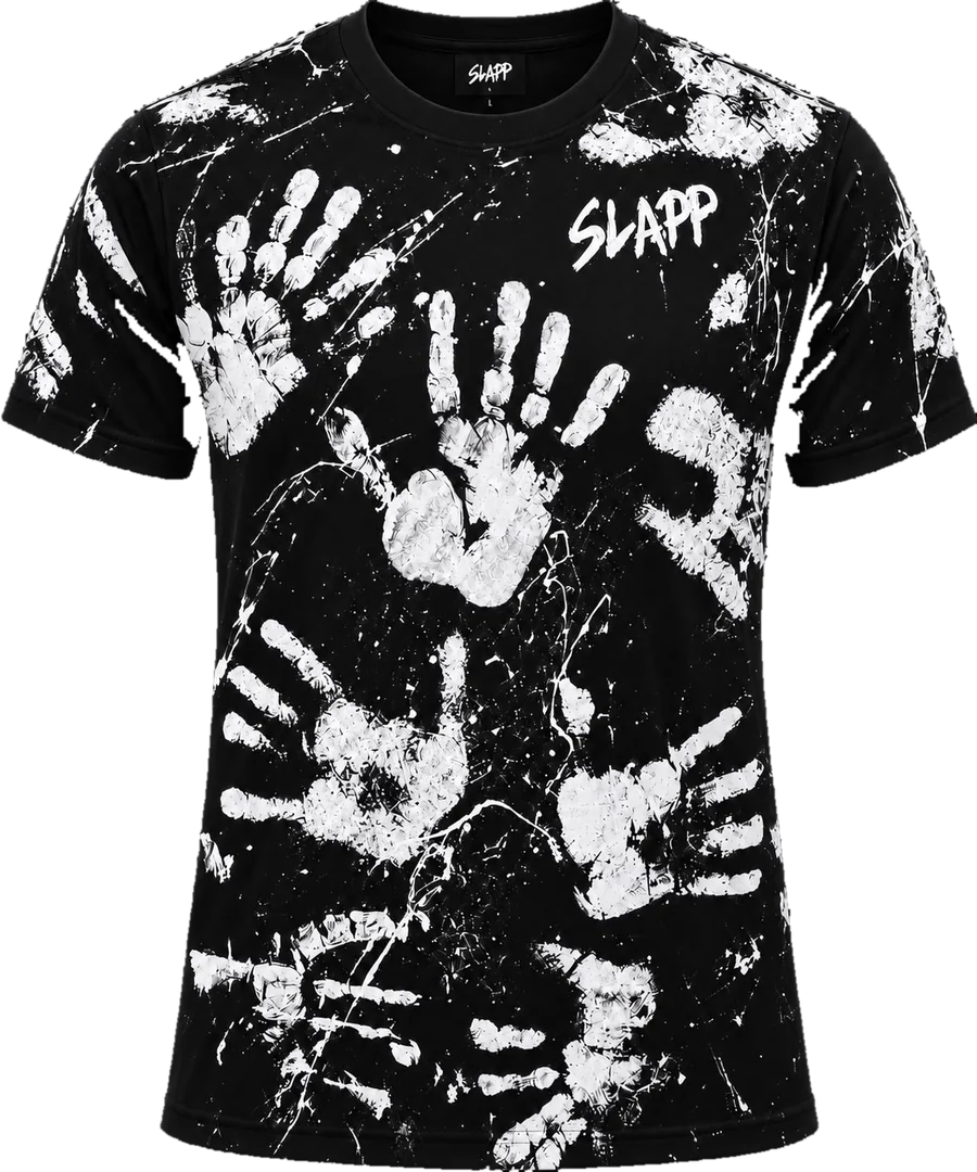 SLAPP Nr. 002 White on Black, Vorderseite: schwarzes T-Shirt mit weißen Handabdrücken und SLAPP-Schriftzug